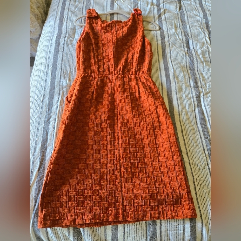Anthropologie Tabitha Basketweave Textured Lined Pockets Dress 4 Quilted Rust - Picture 10 of 16